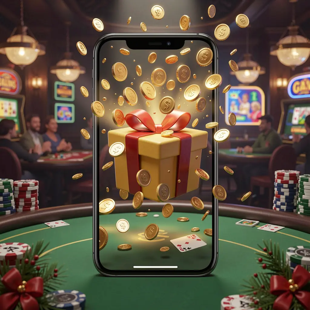 899 OK mobile casino bonus app concept showing a phone screen with a gift box and coins bursting out in a festive casino atmosphere