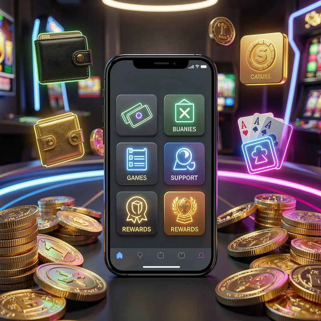 899 OK online casino app features displayed on a smartphone surrounded by icons for wallet, games, support, and rewards with golden coins and neon lights in a luxury 3D render