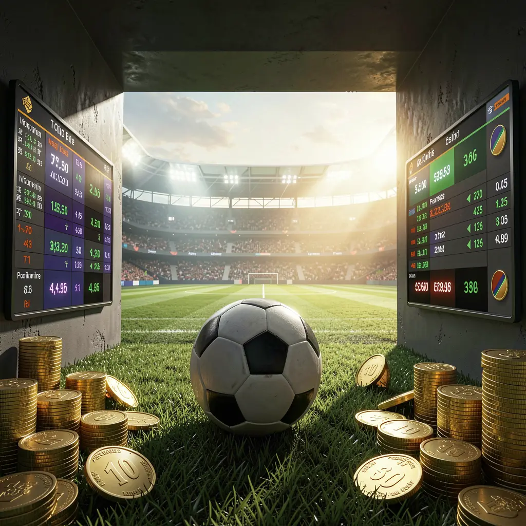 899 OK football betting platform scene showing a dramatic stadium tunnel opening to a bright soccer field with a soccer ball in the foreground, digital odds graphics, and gold coins in a realistic cinematic render 899 OK football betting platform scene showing a dramatic stadium tunnel opening to a bright soccer field with a soccer ball in the foreground, digital odds graphics, and gold coins in a realistic cinematic render