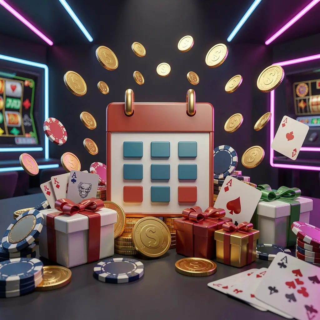 899 OK weekly online casino bonus concept featuring a calendar icon surrounded by golden coins, gift boxes, poker chips, and playing cards in a festive casino atmosphere with a dark modern background and neon lights