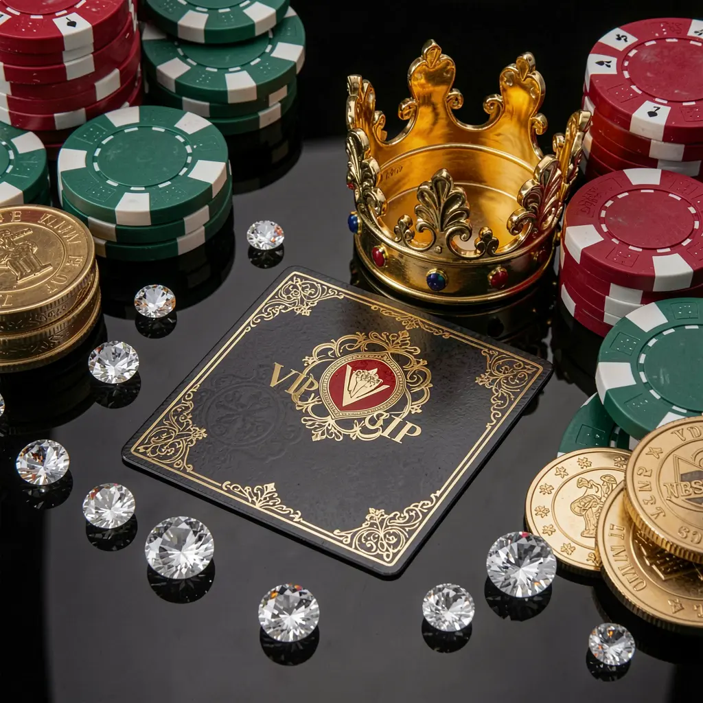 899 OK VIP casino bonus concept featuring a golden crown, luxury membership card, poker chips, diamonds, and coins arranged on a glossy black table in an elegant premium style