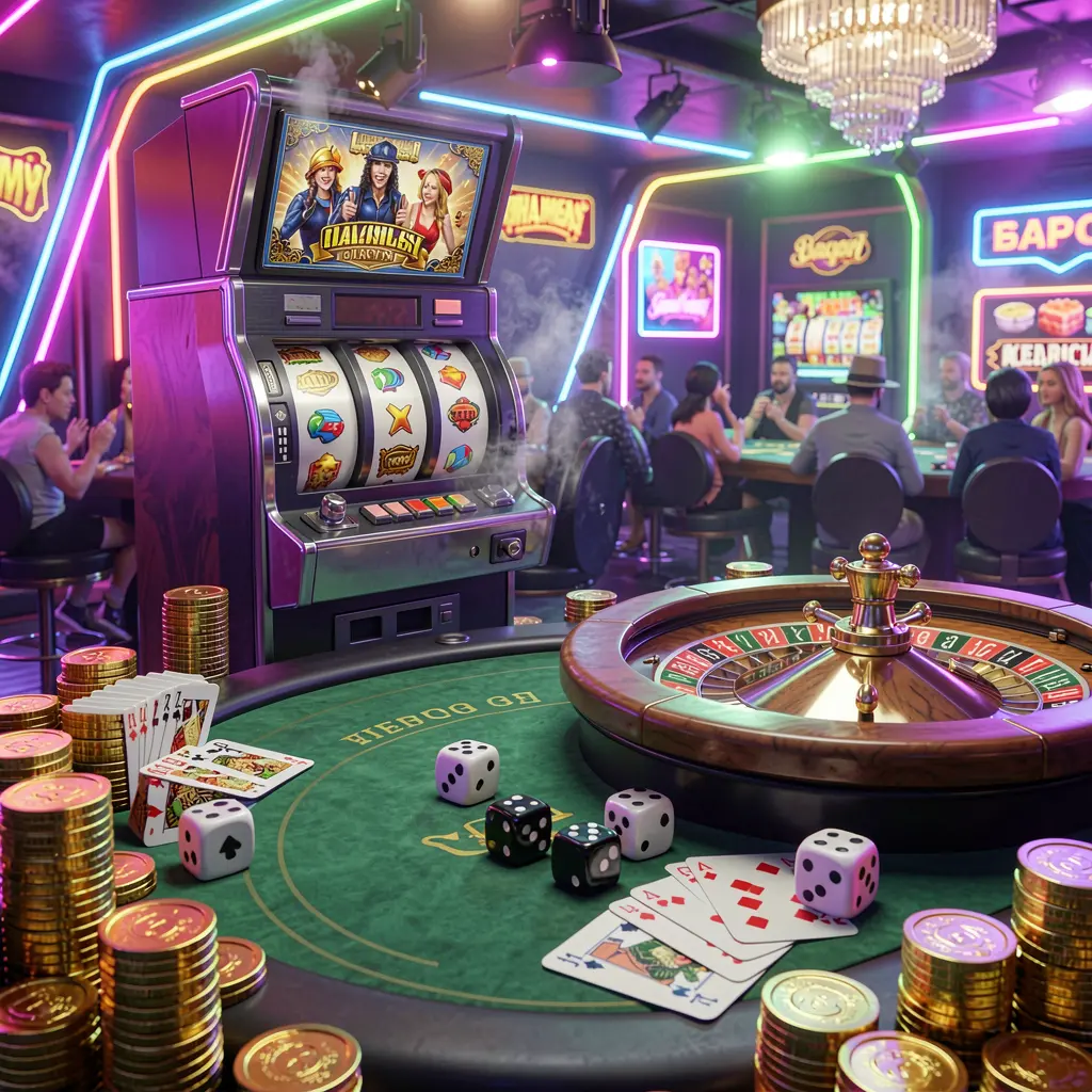 899 OK casino entertainment scene featuring a slot machine, roulette wheel, dice, cards, and golden coins under colorful neon lights in an exciting premium atmosphere