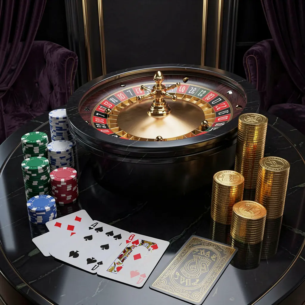 899 OK modern online casino scene featuring a roulette wheel, playing cards, poker chips, and golden coins on a glossy table with a dark luxury background in a realistic 3D illustration