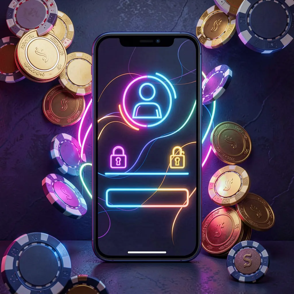 899 OK mobile gaming login page concept on a smartphone displaying an abstract login interface with user and lock icons, surrounded by casino chips and coins under luxury neon lighting