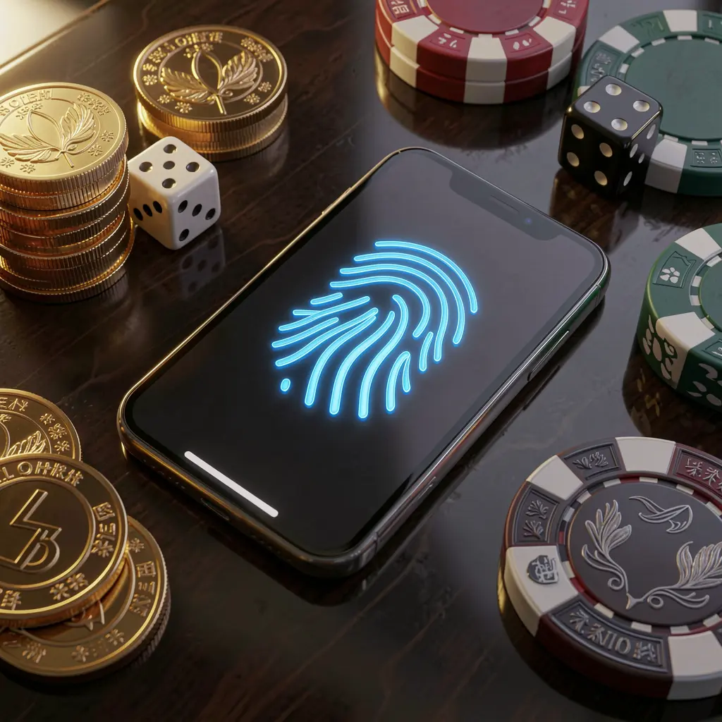 899 OK online gaming account access scene showing a smartphone with glowing fingerprint icon surrounded by golden coins, dice, and poker chips on a glossy table under cinematic lighting