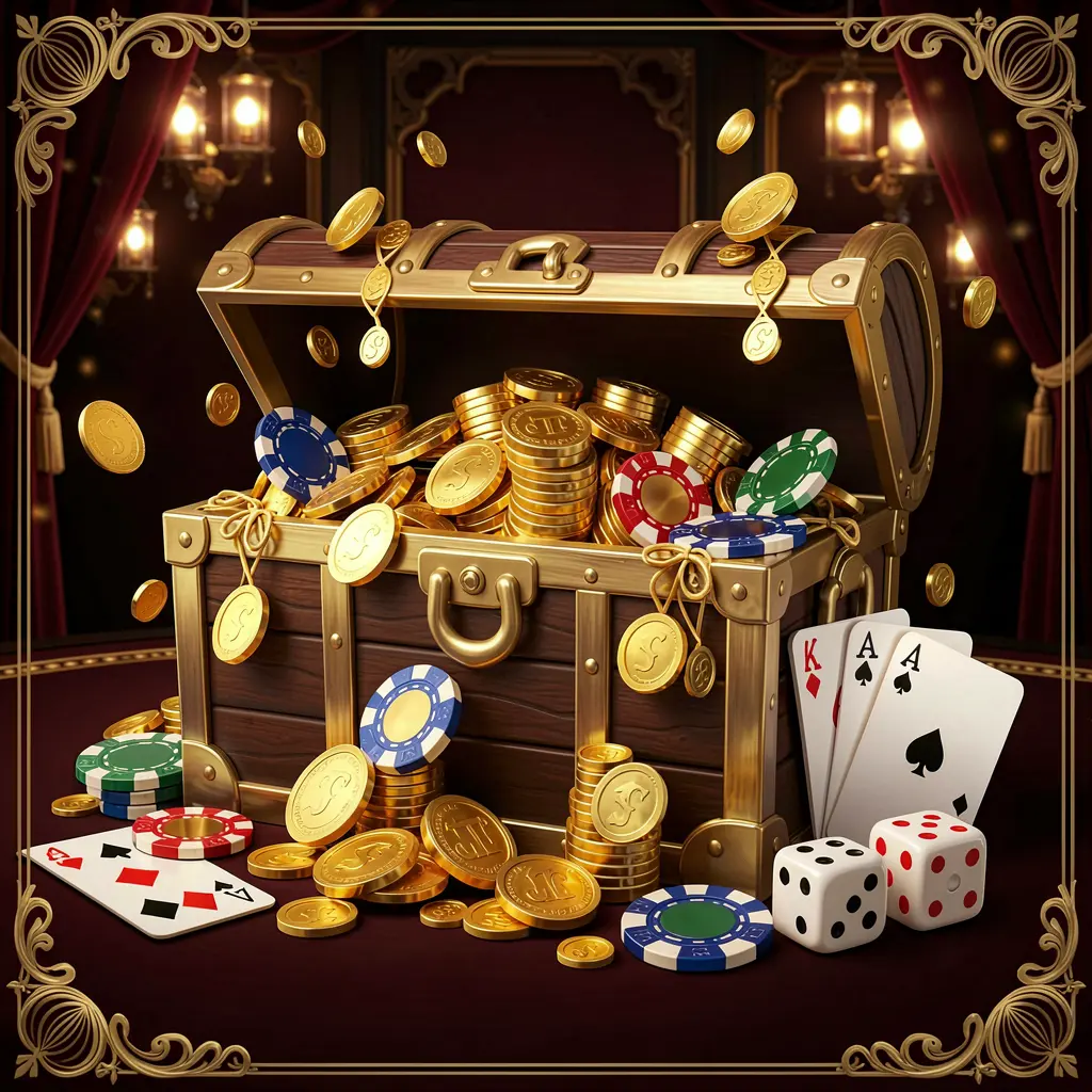 899 OK online casino welcome banner featuring a treasure chest filled with golden coins and casino chips, playing cards and dice nearby against a dark luxury background creating a festive premium atmosphere